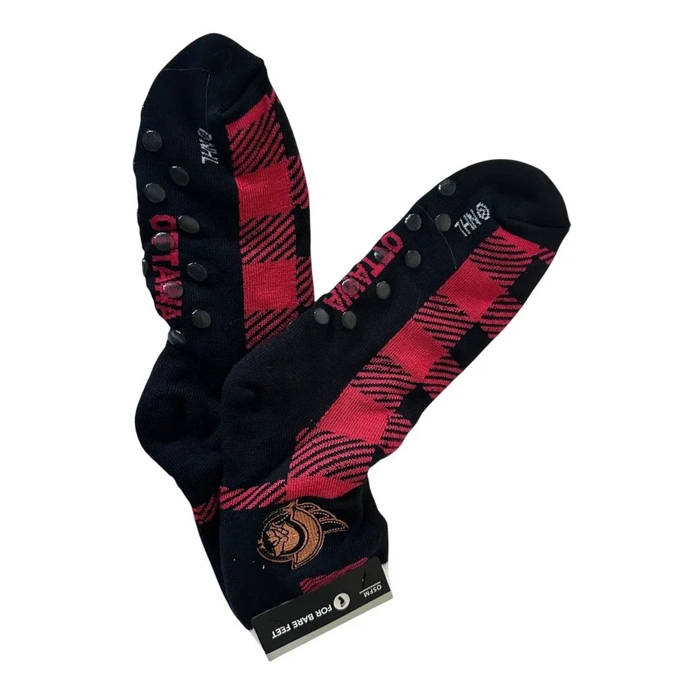For Bare Feet Ottawa Senators Socks Unisex OSFM Black New NHL Buffalo Plaid Grip
